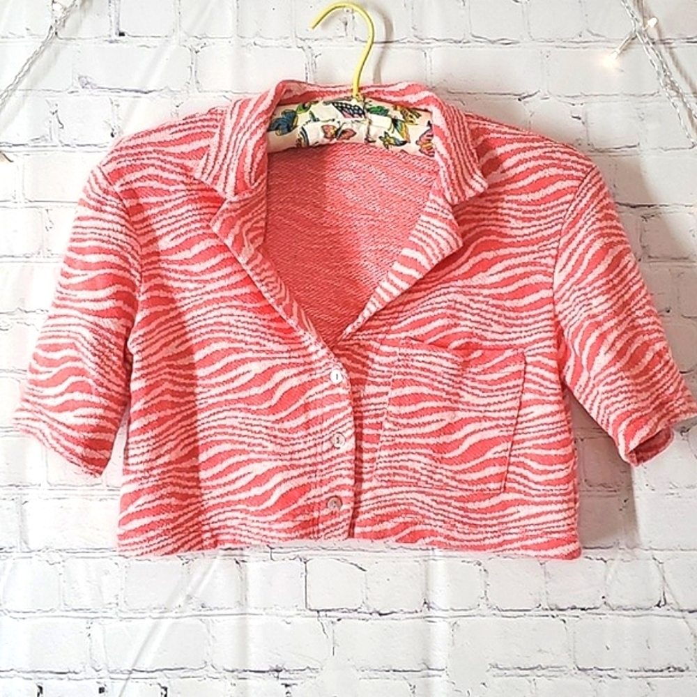 Zara Coral Zebra Print Crop Style Collared Blazer Abalone Buttons Size XS Y2K - Picture 1 of 13